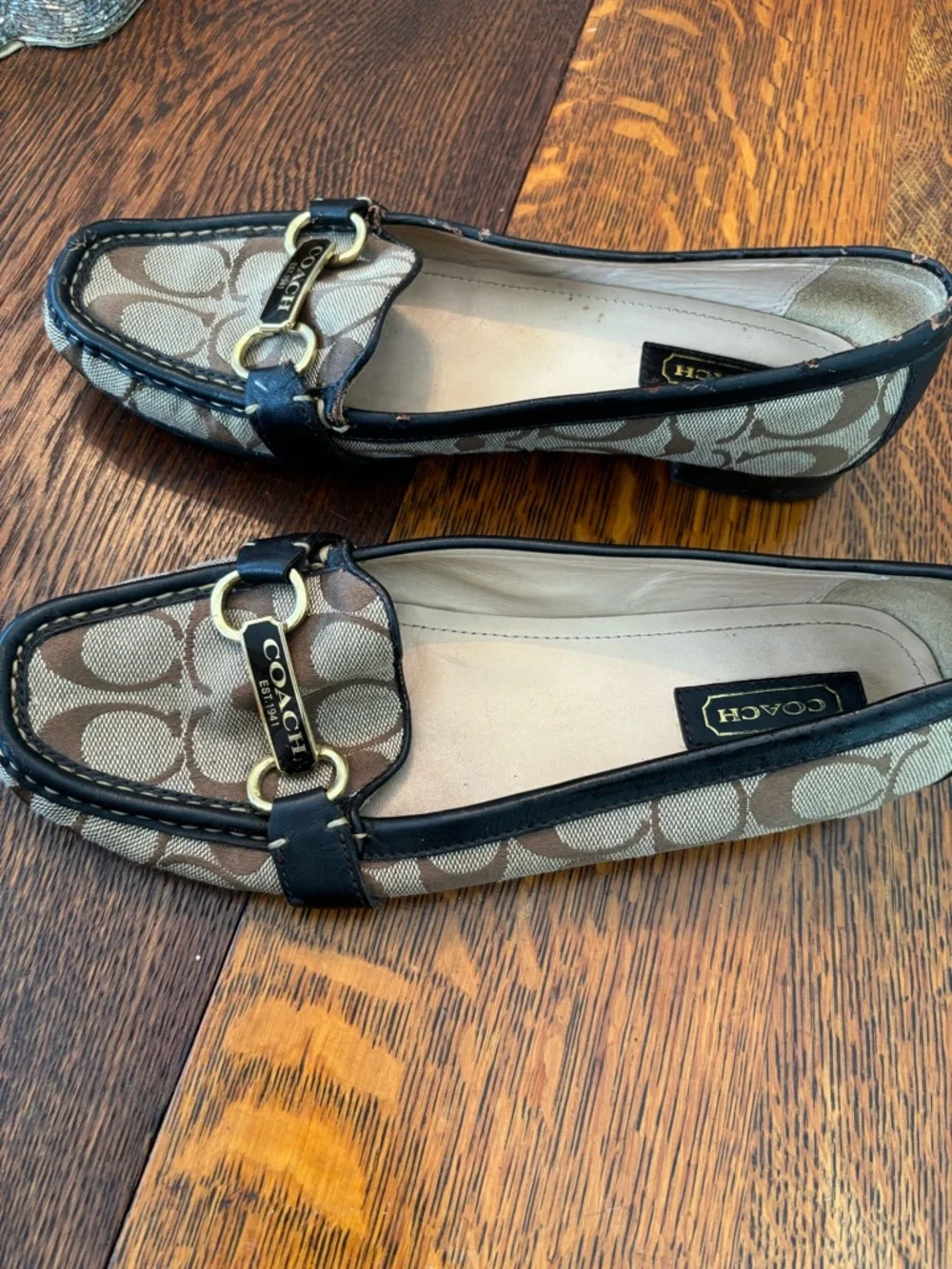 Coach Brown Signature Monogram Canvas Loafers with Gold Hardware